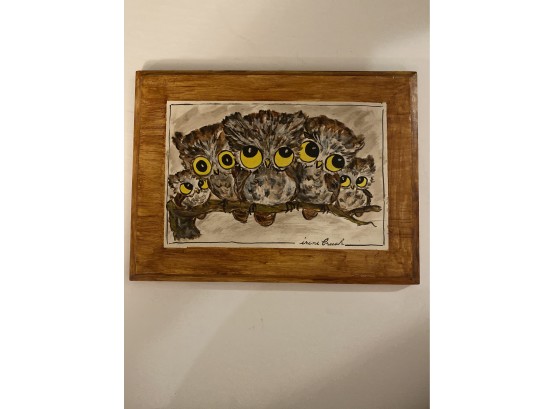 Adorable Owls Oil On Wooden Plaque, Signed By Irene Brush