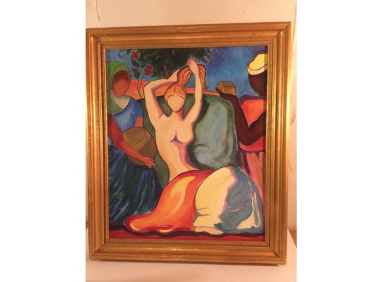 Large Oil On Canvas, Nude Woman In Beautiful Gold Franem Signed