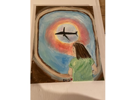 Woman Watching Airplane In The Sky Signed Oil On Canvas