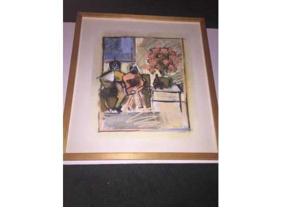 Unique Chalk Painting Of Living Room, Signed