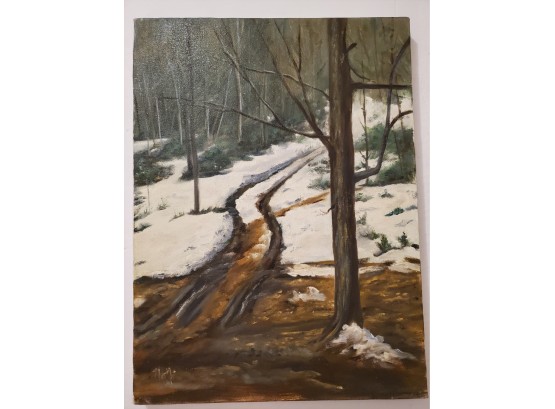 Rustic Woodland Trail In Winter. Oil On Canvas. Signed By Artist.