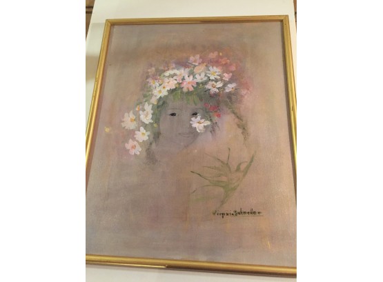 Beautiful Floral Portrait Of Woman, Oil On Canvas Signed Virginia Schneider