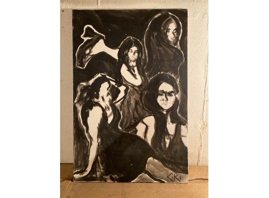Black & White Oil On Canvas, Signed Kiki, Minimalist Silhouettes Of Women