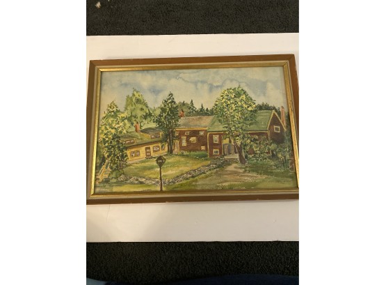 Signed New England Homestead Watercolor On Paper, Framed