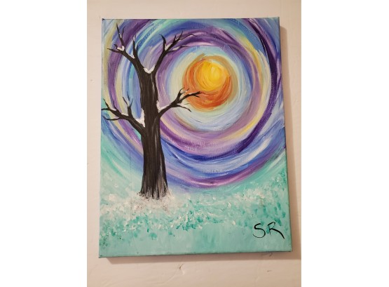 Charming Tree In The Moonlight. Oil On Canvas.