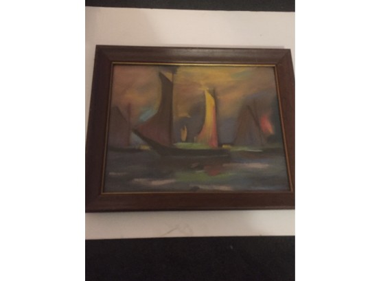 Amazing Oil Pastel Sailboats On The Water, Framed