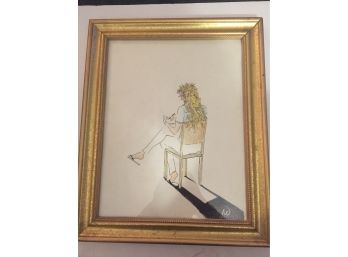 Great Mixed Media Painting Of Seated Woman Writing, Signed AW Gold Framed