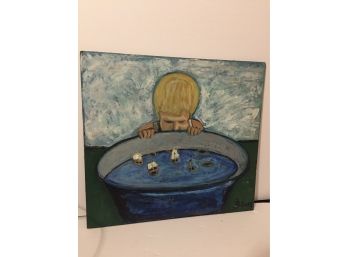 Signed Oil On Board Kid Playing With Toy Ships In Pool Of Water