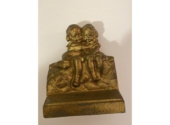 Adorable Metal Sculpture Of Two Children Sitting On A Rock Wall, Stamped!