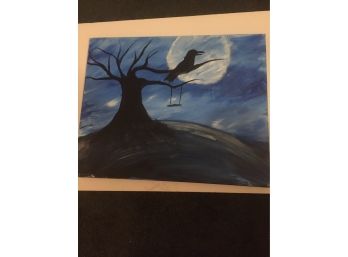 Beautiful Raven Sitting On A Tree At Night, Oil On Canvas.