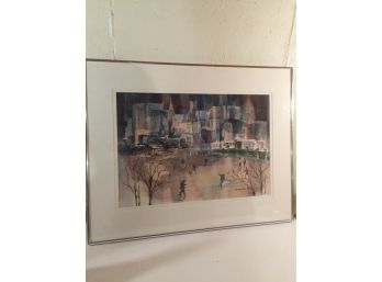 Beautiful Ice Skating   Watercolor With City Scape Framed And Double Matted! Signed