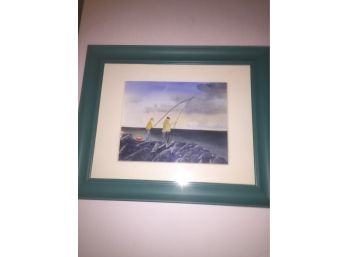 Great Watercolor Fishing On The Rocks Framed And Matted