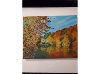 House On A Lake. Vintage Oil On Canvas, Signed By Artist