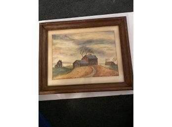 Watercolor On Paper Barn & Farm Landscape With Gorgeous Colors! Signed & Framed