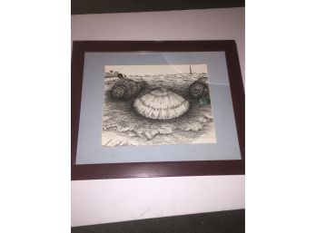 Signed Ink Painting Of Sea Shells With Real Shells