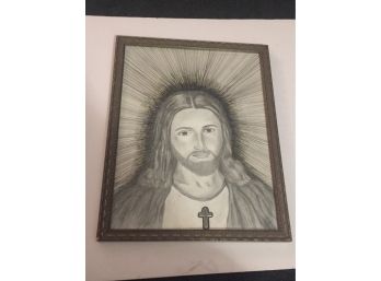 Ink And Graphite Portrait Of Jesus With Silver Cross, Signed