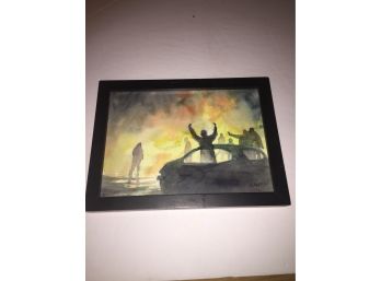 Unique Water Color Rioters Silhouettes  In The Flames Signed WHP
