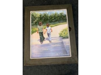 Large Original Watercolor By Lucelle Raad, Signed Painting Of Children Walking Down The Lane