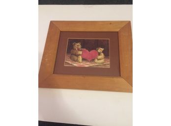 Teddy Bears Holding A Heart Mixed Media Signed  Matted And Framed