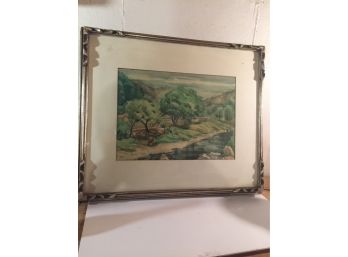 Amazing Water Color Landscape In A Large Beautiful Silver Frame.
