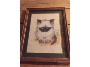 Beautifully Done Painting Of A Cat Om Paper Framed And Signed