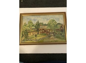 Signed New England Homestead Watercolor On Paper, Framed