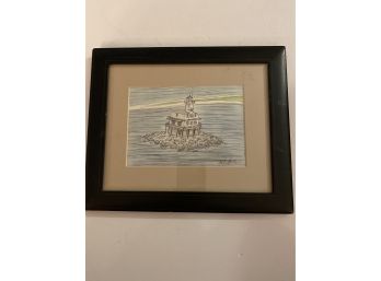 Ink & Watercolor On Paper Of A Lighthouse, Signed By The Artist