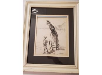 Elegant Mother And Son, Ink Sketch. Signed By Hutchins.