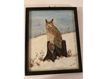 Great Horned Owl Eating Pheasant Oil On Paper Signed By Artist