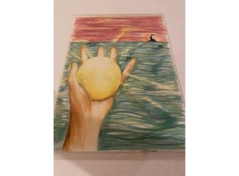 Framed Surrealist Holding The Sun Colored Pencil Artwork On Paper, Signed By The Artist