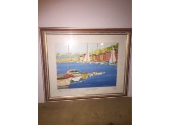 Jean Luc Juge Saint Tropez Sail Boat Harbor Scene Framed Signed, Framed