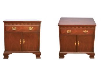 Pair Of Baker Chippendale Style Mahogany Nightstands With Cabinet