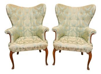 Pair Of Antique Recently Re-Upholstered Tufted Wingback Chairs