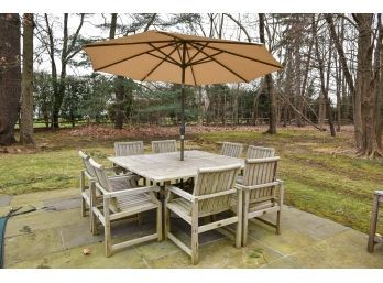 Outdoor Classics Teak Square Table With Eight Chairs And Sunbrella Umbrella