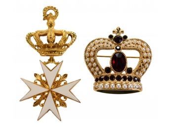 Butler & Wilson Jeweled Crown Brooch And Order Of St. John Crown Lapel Pin