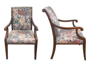 Pair Of Hickory Floral Upholstered Arm Chairs With Wooden Base