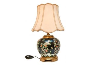 Chinoiserie Porcelain Table Lamp With Scalloped Bell Shape Shade
