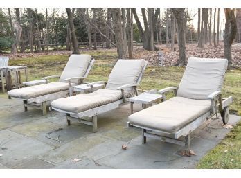 Set Of Three Broyhill And Outdoor Classics Teak Wood Rolling Chaise Loungers With Cushions And Side Tables