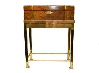Antique Traveling Writing Desk With Brass Accents On A Brass Stand