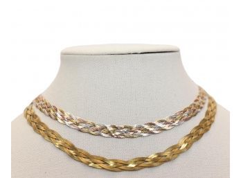 Two Italian Sterling Braided Snake Chain Necklaces, Tri Color And Golden Finish