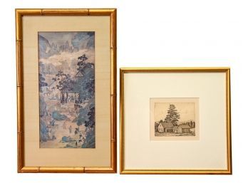 Framed Chinese Oil Painting And Luigi Lucioni (Italian, 1900 - 1988) Etching Reprint Of 'Four Winds Farm'