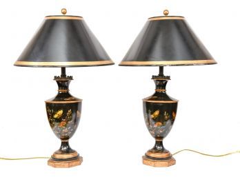 Pair Of Hand Painted Butterfly Themed Trophy Form Lamps With Gilt Trim