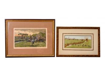 Signed Framed 'English Hunt Scene' Print And 'The Gridiron Jump, An Episode Of Sport In British India' Etching