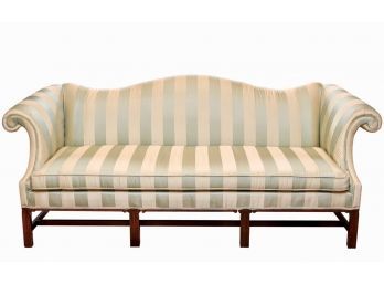 Harden Cherry Wood Silk Striped Single Cushion Camel Back Sofa (Recently Reupholstered)