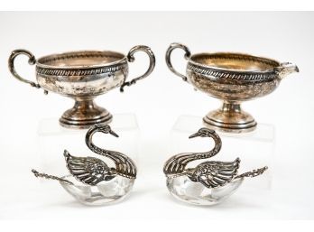Antique Sterling Silver And Crystal Swans With Spoon And Vintage Sugar Bowl And Creamer