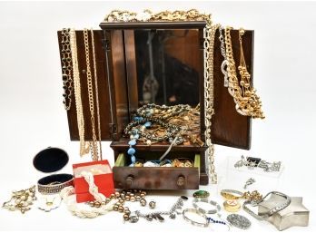 Vintage Wooden Jewelry Box With Mirror And Various Assortment Of Jewelry