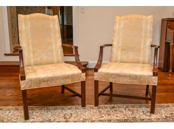 Pair Of Chippendale Style Upholstered Wood Arm Chairs