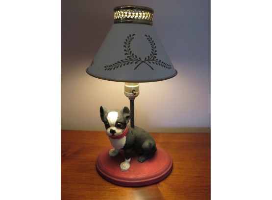 Boston Terrier Table Lamp With Metal Tole Shade