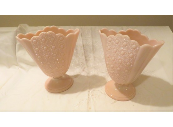 Pair Of Fenton Pink Milk Glass Fan Vases