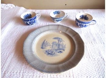 Iron Stone Aleppo Antique Plate Three Blue Willow Cups